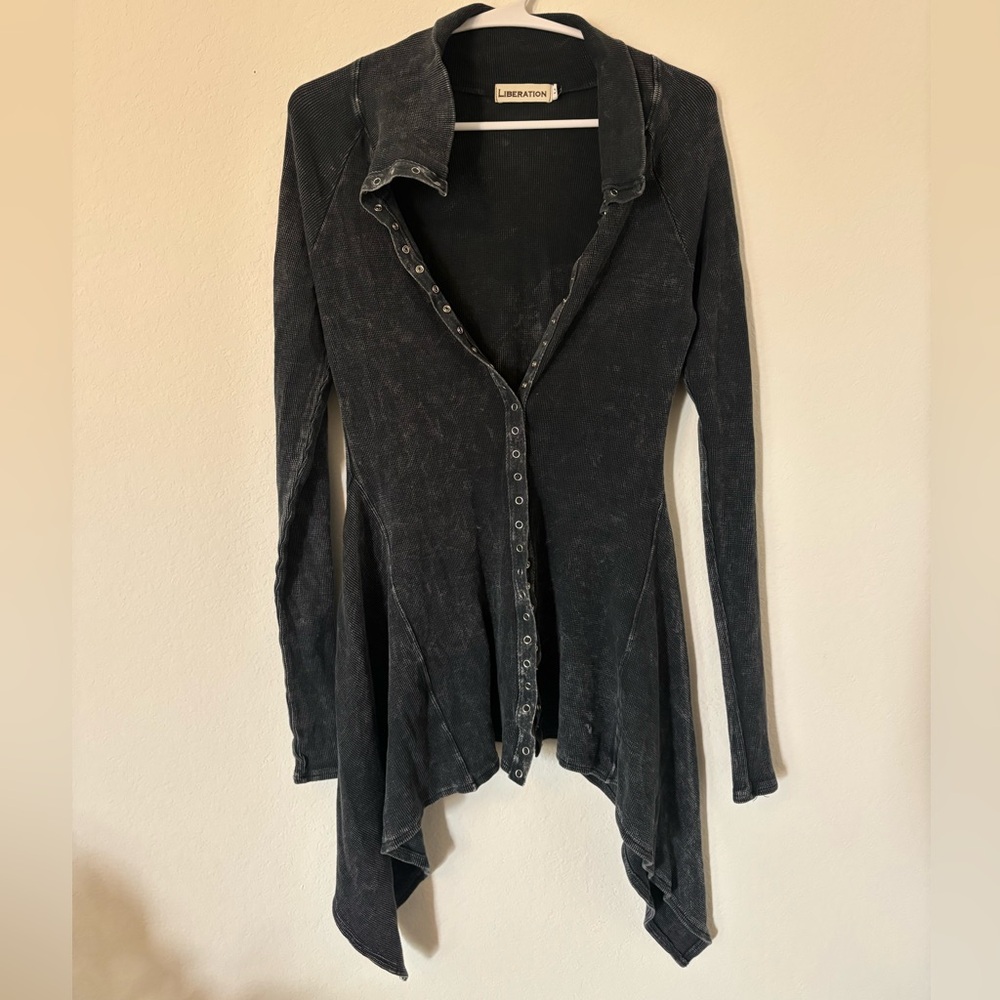 Liberation Black Micro-waffle Long Sleeve Asymmetrical Cardigan
